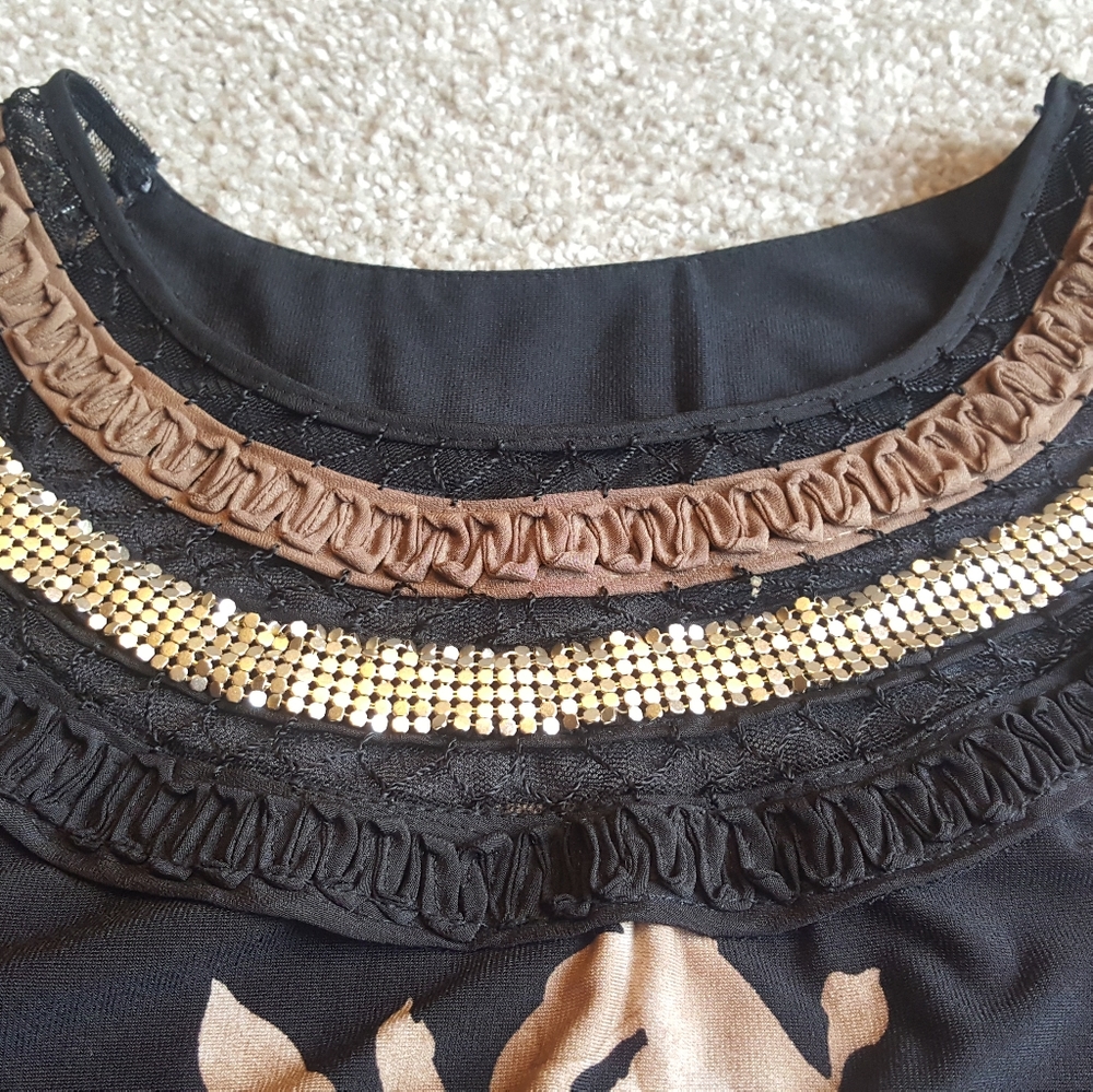 Vintage sepia floral midi dress sequined neck halter, M - Picture 3 of 6